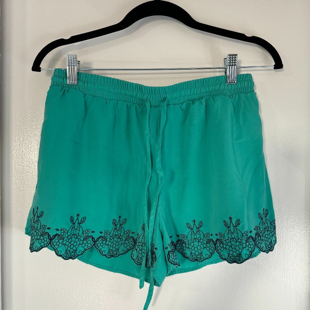 MINE Green Flowy Women's Shorts Size Small with Elegant Blue Lace Trim